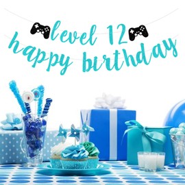 bng-bng 12 Birthday Banner for Boys Blue Glittery Happy 12th Birthday Bunting Banner for 12 years old Birthday Party Decorations Photo Backdrop