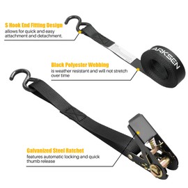 ARSKEN High-Strength 2 pcs Ratchet Tie Down Strap 1" x 197"(2200lb Break Strength) for Heavy Equipment, with Strong S Hook and Corrosion Resistant Metal Button for Rack, Truck, Cargo, Moving & More