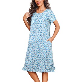 Ekouaer Women Nightgowns Printed Sleep Shirts Floral House Dresses Moo Moos with Pockets Blue Flower S