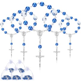 25 Pieces Blue Baptism Rosary Mini Rosaries Small Rosary Party Favors Beaded Finger Rosary with 25 Organza Bags for The First Holy Communion Baptism Party Gift Christening Weddings, Silver
