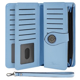 Travelambo Women's Wallet RFID Blocking Credit Card Holder Large Capacity Wristlet Leather Wallets Purse(Natural Blue Classic)