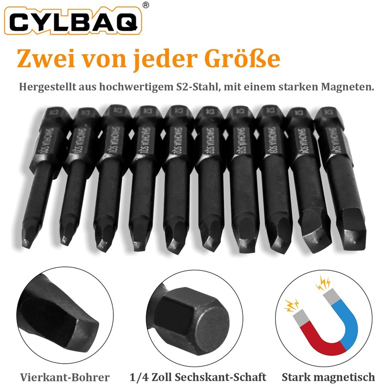 Pack of 10 Square Screwdriver Bits 60 mm, CYLBAQ Hex