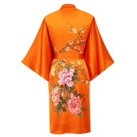 Kwedhonjh women's 100% silk kimono, short bathrobe pajamas, kimono pajamas (Peony flower dark orange)
