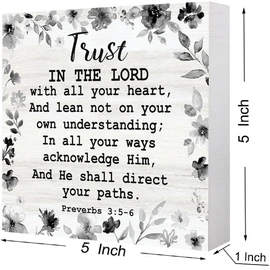Christian Signs, Scripture Decor, Rustic Desk Rustic Wood Table Sign, Farmhouse Home Gift for Family Friends, Trust in the Lord with All Your Heart Wooden Box Sign 5 x 5 Inch