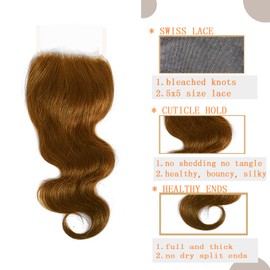 Brown Closure Human Hair 5X5 Hd Transparent Lace Body Wave Closure With Baby Hair 100% Unprocessed Brazilian Human Hair 130% Density Light Brown (#6, 12 Inch)