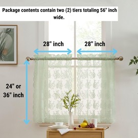 HLC.ME Jolene Floral Rod Pocket Lace Semi Sheer Voile Short Cafe Tiers for Small Windows - 28 x 24 Inch Length (Seafoam Green Tiers, Set of 2)