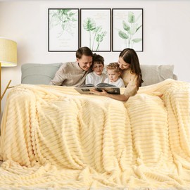 Excervent Solid Striped Oversized Flannel Fleece Blanket (120x120 inches) Cozy Throw Blankets for Couch Sofa and Bed, King Size 10'*10' Super Soft Blankets for Household Bedroom, Light Yellow