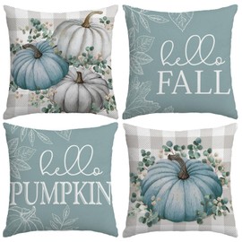 YOSICHY Fall Decor for Home,Fall Pillow Covers 18x18 Set of 4 Rustic Indoor Outdoor Decorations Blue Plaid Throw Pillow Covers,Hello Pumpkin Linen Autumn Cushion Case for Sofa Couch Chair Bedroom