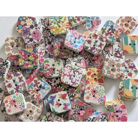 Assorted Floral Wooden Square Buttons, Pack of 25, 19mm