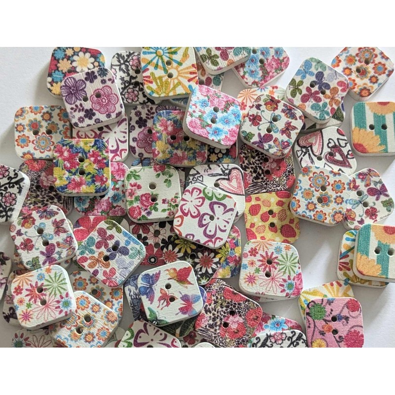 Assorted Floral Wooden Square Buttons, Pack of 25, 19mm