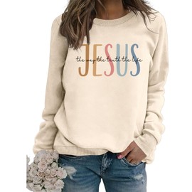 NAKAEOE Christian Sweatshirt Women Jesus the Way the Truth and the Life Long Sleeve Pullover Religious Faith Top (US, Alpha, Large, Regular, Regular, Beige)