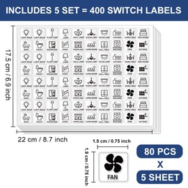 GOMAKERER 400 Pcs Light Switch Sticker Labels, 20 Designs Vintage Style Transparent Switch ID Stickers Black Switchboard Label Decals for Home, Kitchen, Bathroom, Office School, 19x19mm