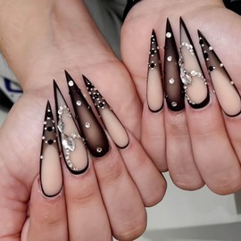RUOKEXIN Long Press on Nails Stiletto Fake Nails Black Ombre False Nails with Rhinestones Designs Almond Shaped Artificial Nails Matte Glue on Nails Holiday Natural Stick on Nails for Women 24Pcs
