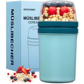 Mitsemmo Yogurt Parfait Cups With Lids and Spoons,600ml+270ml Breakfast On The Go,Portable Cereal Container To Go,Travel Cereal Bowl and Milk Container(Blau)