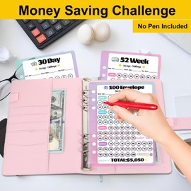 100 Envelopes Challenge Binder, Money Savings Challenges Book to Save $5,050 and $2,600 and $300, A5 Dinero Saving Planner Cash Budget Organizer, Pink