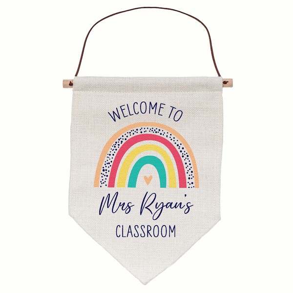 Personalised Teacher Rainbow Classroom Linen Style Hanging Flag Pennant Door