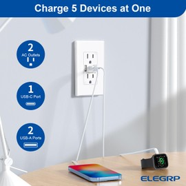 ELEGRP USB Wall Outlet, 3-Ports USB C Wall Outlet Receptacle, Matte White 15 Amp Outlets with USB Ports, Tamper-Resistant USB Outlet, Screwless Wall Plate Included, UL & CUL Listed, 1 Pack