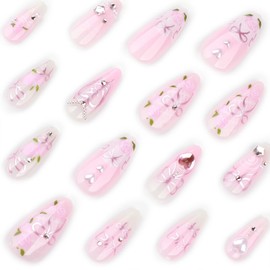 24Pcs Almond Press on Nails Medium Luxury Pink Fake Nails with 3D Heart Pearl Star Rhinestones Gems Designs White Gradient Bow Rose Flower Stick on Nails Full Cover Glue on Nails for Women