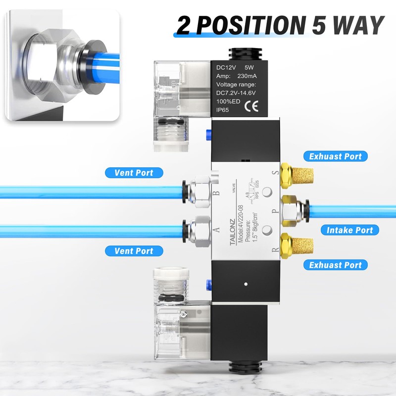 TAILONZ PNEUMATIC Solenoid Valve 4V220-08 DC12V 1/4 Inch BSP Double