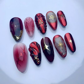 24Pcs Ombre Red Press on Nails Medium Almond Fake Nails 3D Texture Gold Star Acrylic Nails Y2K Punk Artificial Glue on Nail Golden Line Bow Full Cover False Nail Red Chrome Stick on Nail for Women