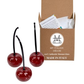 Handmade Murano Glass Cherries, 3 PCS, Decorative Hand Blown Glass Cherry, Glass Figurine, Fake Fruit, Cherries Decor, Murano Glass, Glass Fruit, Made In Italy.