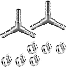 ANPTGHT 3/8" Hose Barb Fitting Equal Barbed Y Shaped 3 Way Wye Stainless Steel Tubing Joint Splicer Mender Adapter Union for Tubing Pipe Household Fuel Gas Liquid Air (2 Pcs with 6pcs Hose Clamps)