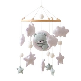 Baby Bed Bell with Felt Star Bear Natural Bamboo Girls Hanging Mobile Wind Chime for Baby Cot Boys and Girls (Blue Bear)