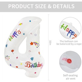 Lumjoy 32 Inch Foil Big Number 4 with Happy Birthday, Large White Digital Balloons 0-9 for Kids Party Birthday and Baby Shower(White, 4)