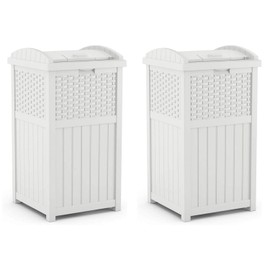 Suncast Wicker Plastic Outdoor Hideaway 33 Gallon Trash Can Bin with Latching Lid for Backyard, Deck, or Patio Use, White (2 Pack)