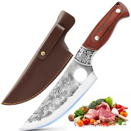 BEBK Cuchillo Vikingo Martillado 6Pulgada,Cuchillo Carnicero Forjado A Mano Con Vaina,Cuchillos Chef De Cocina,Acero De Alto Carbono,Aplicar Para El Hogar,Exterior,Camping,Barbacoa,Restaurante (Rojo)