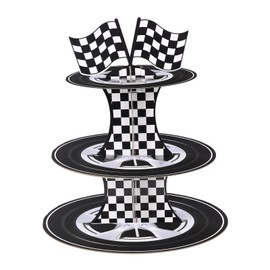 Racing Car 3-Tier Cardboard Cupcake Stand/Tower |Car Theme Dessert Display Stand, Black and White Checkered Car Party Decorations Supplies