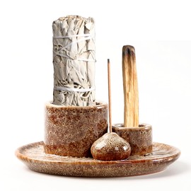 MKLZ 4 in 1 Ceramic Incense Burner, Sage Holder for Burning Bowl, Palo Santo Holder, Incense Holder for Sticks, Smudge Stick Holder(Brown)