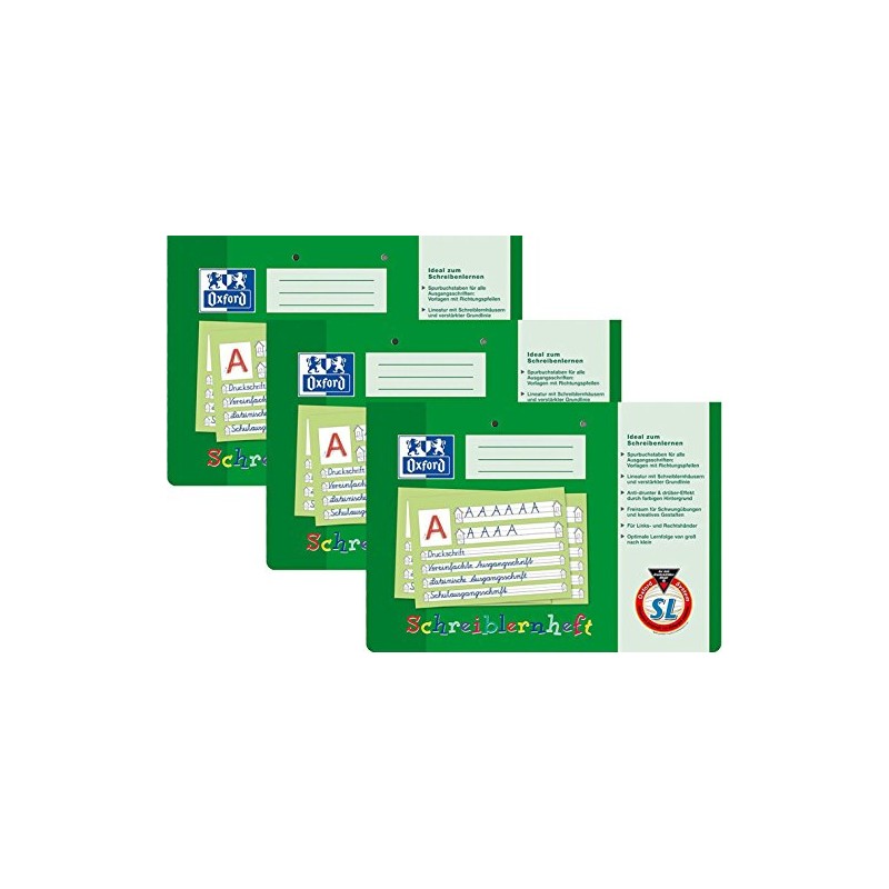 3x Oxford 311401600/100050089 Schreiblernhefte DIN A4 quer SL, 90 g/qm