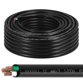 25FT 12/3 SJOOW 300V Wire, 12 AWG 3 Conductor 25FT Portable Power Cable 300V Copper Cord, 12 Gauge 3 Conductor 25 Foot Cable for Motor Leads, Portable Lights, Battery Chargers and Machinery