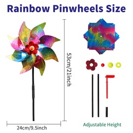 10 Pieces 21 Inches Rainbow Reflective Pinwheels with Stakes Windmill Wind Spinners Outdoor for Yard Garden Lawn Farm Decor Bird Repellent, Large Plastic Foil Pin Wheels for Birds Animal Deterrent