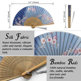 OMyTea Foldable Hand Fan for Women - Foldable Chinese Japanese Bamboo Silk Fan - for Hot Flash, Church, EDM, Music Festival, Party, Dance, Decoration, Gift (Gray Redbud)