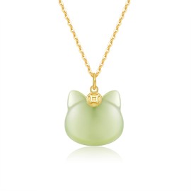 LOOYUUPEE Green Natural Hetian Jade Necklace, Cat Shape Jade Pendant for Women, Light Green Atmosphere Jade Necklace Jewelry Gifts for Girls Women (925 Sterling Silver with Gold Plated)