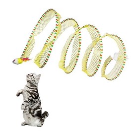 Andiker Cat Tunnel Toy, 10 Inch Foldable Metal Cat Feather Toy with Nylon Net, Feather, Mouse and Bell, Interactive Cat Toy for Indoor Cats (Yellow)