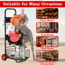 Rolling Saddle Cart with Wheel Horse Tack Cart Dolly Heavy Duty Horse Equipment Cart Foldable Show Cart with Saddle Rack for Storage Moving Organize Transport Supplies