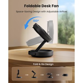 Gaiatop Foldable Small Desk Fan with LED Night Light, Wireless 6000mAh Battery Powered Portable Fan USB Rechargeable, Bedroom Office Dorm Travel Camping Cruise Essentials, Gifts for Women Men, Black