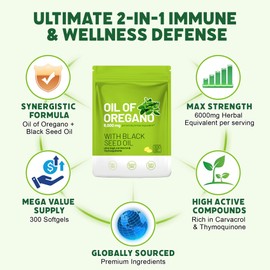 Crobirware Oil of Oregano with Black Seed Oil 6000mg, 300 Softgels - 2-in-1 Immune Support Supplement - High Carvacrol & Thymoquinone, Digestive & Respiratory Health - Non-GMO, GMP Certified Facility