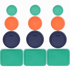 Pyrex (3) 7202-PC 1-Cup Green, (3) 7200-PC 2-Cup Orange, (3) 7201-PC 4-Cup Blue, & (3) 7210-PC 3-Cup Light Green Lids - Made in USA