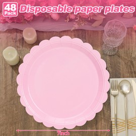 Jevrftwl 48 Pcs Pink Plates 7 Inch Disposable Scalloped Light Pink Paper Plates Cute Party Plate Dessert Plate for Birthday Baby Shower Wedding Party