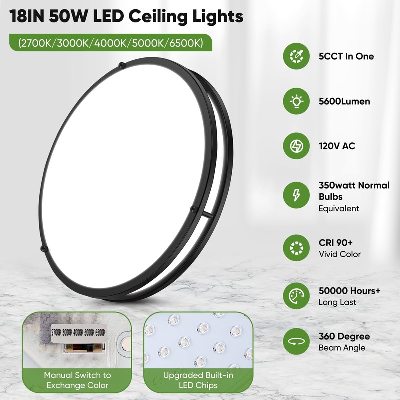 18inch LED Flush Mount Ceiling Light, 50W 5600lm Bright Dimmable