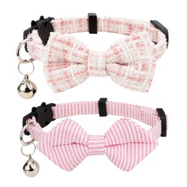 Gyapet Cat Collar 2pcs Set Plaid Stripes Elegant Solid Color Diamond Shaped Pointed Bow Ties Wedding Kitten Pet Male Female 2pcs Pink