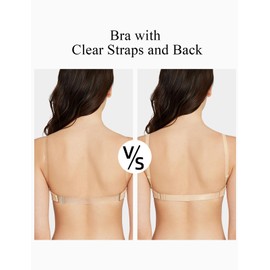 YANDW Women's Deep V Push Up Bra Backless with Back Transparent and Straps Low Back Plunge Padded Underwire Bra, nude, 75C