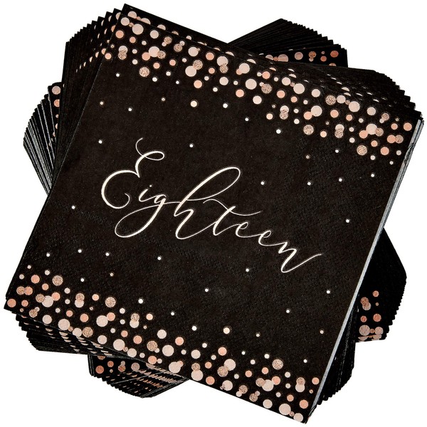 18th Birthday Napkins with Rose Gold Polka Dots (6.5 x 6.5 In, Black, 100 Pack)