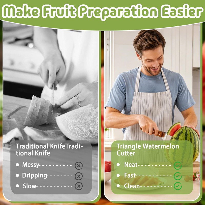 Triangle Watermelon Cutter, Stainless Steel Watermelon Slicer with Wooden Handle,