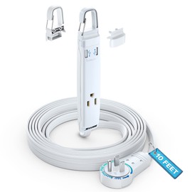 360° Rotating Flat Plug Extension Cord with USB Ports and a Removable Hook White Extension Cord 10 ft (16 Gauge) UL Certified