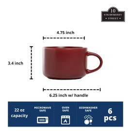 10 Strawberry Street Wazee Matte 4.75"/22 oz Oversized Mug, Set of 6, Red